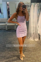Misshow Spaghetti Straps Purple Tight Short Homecoming Dress/Mini Dress with Appliques