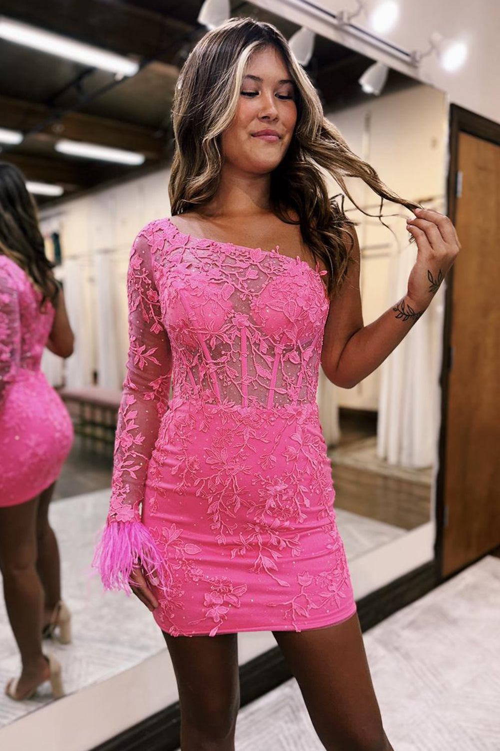 Misshow Spakly Pink One Shoulder Corset Tight Short Lace Homecoming Dress/Mini Dress with Feathers