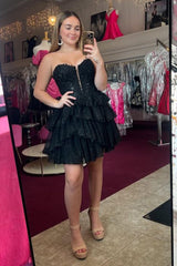 Misshow Sparkly A-Line Black Strapless Short Homecoming Dress/Mini Dress with Lace