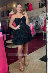 Misshow Sparkly A-Line Black Strapless Short Homecoming Dress/Mini Dress with Lace