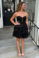 Misshow Sparkly A-Line Black Strapless Short Homecoming Dress/Mini Dress with Lace