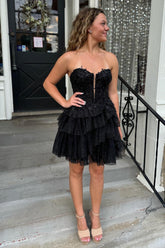 Misshow Sparkly A-Line Black Strapless Short Homecoming Dress/Mini Dress with Lace