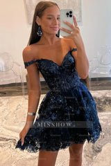 Misshow Sparkly A-Line Black Tiered Short Homecoming Dress/Mini Dress with Lace