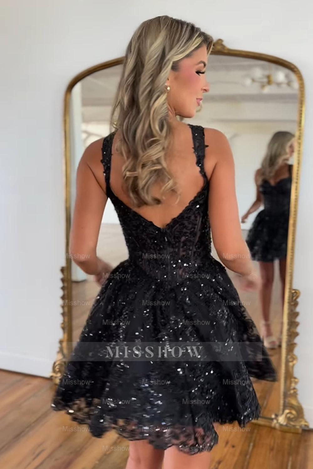 Misshow Sparkly A-Line Black Tiered Short Homecoming Dress/Mini Dress with Lace
