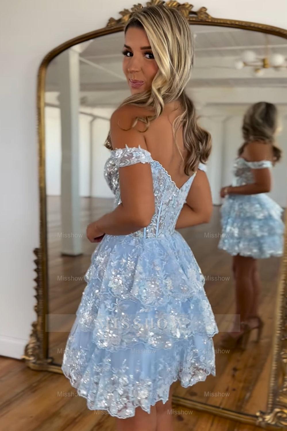 Misshow Sparkly A-Line Black Tiered Short Homecoming Dress/Mini Dress with Lace