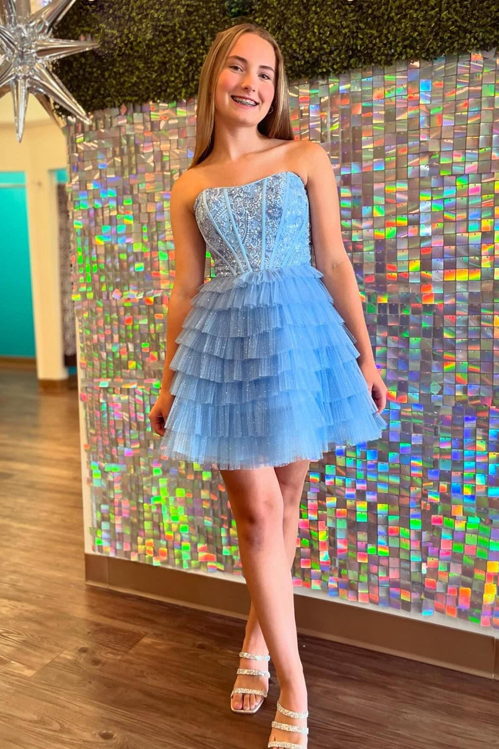 Misshow Sparkly A Line Blue Strapless Corset Short Homecoming Dress/Mini Dress with Ruffles
