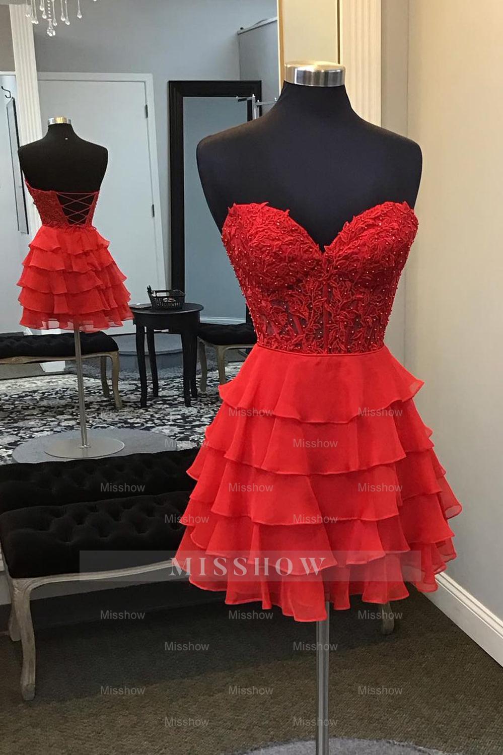 Misshow Sparkly A Line Fuchsia Corset Strapless Short Homecoming Dress/Mini Dress with Ruffles