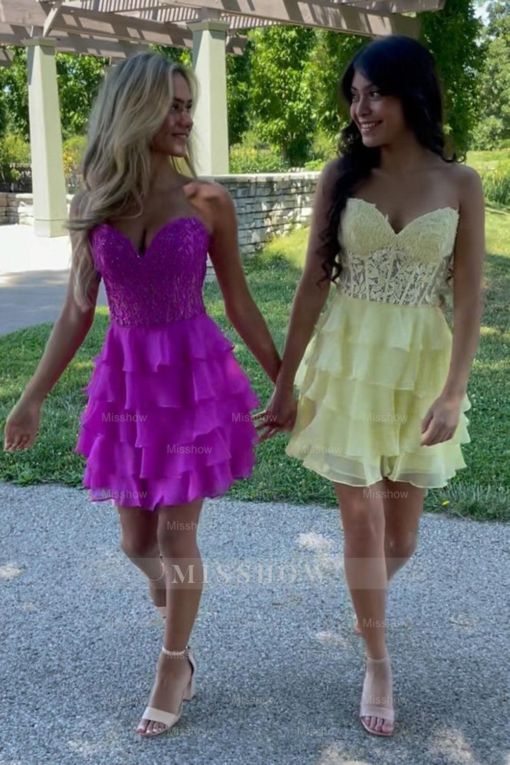 Misshow Sparkly A Line Fuchsia Corset Strapless Short Homecoming Dress/Mini Dress with Ruffles