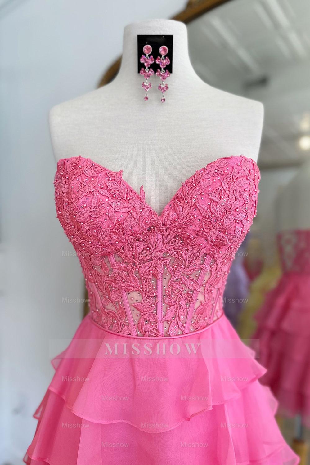 Misshow Sparkly A Line Fuchsia Corset Strapless Short Homecoming Dress/Mini Dress with Ruffles