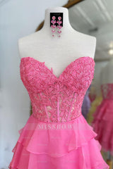 Misshow Sparkly A Line Fuchsia Corset Strapless Short Homecoming Dress/Mini Dress with Ruffles