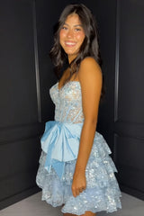 Misshow Sparkly A Line Light Blue Strapless Short Homecoming Dress/Mini Dress with Bow