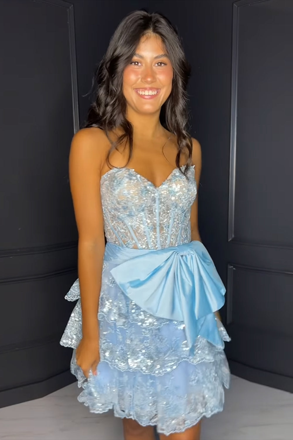 Misshow Sparkly A Line Light Blue Strapless Short Homecoming Dress/Mini Dress with Bow