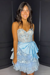 Misshow Sparkly A Line Light Blue Strapless Short Homecoming Dress/Mini Dress with Bow