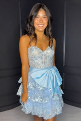 Misshow Sparkly A Line Light Blue Strapless Short Homecoming Dress/Mini Dress with Bow