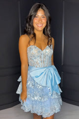 Misshow Sparkly A Line Light Blue Strapless Short Homecoming Dress/Mini Dress with Bow