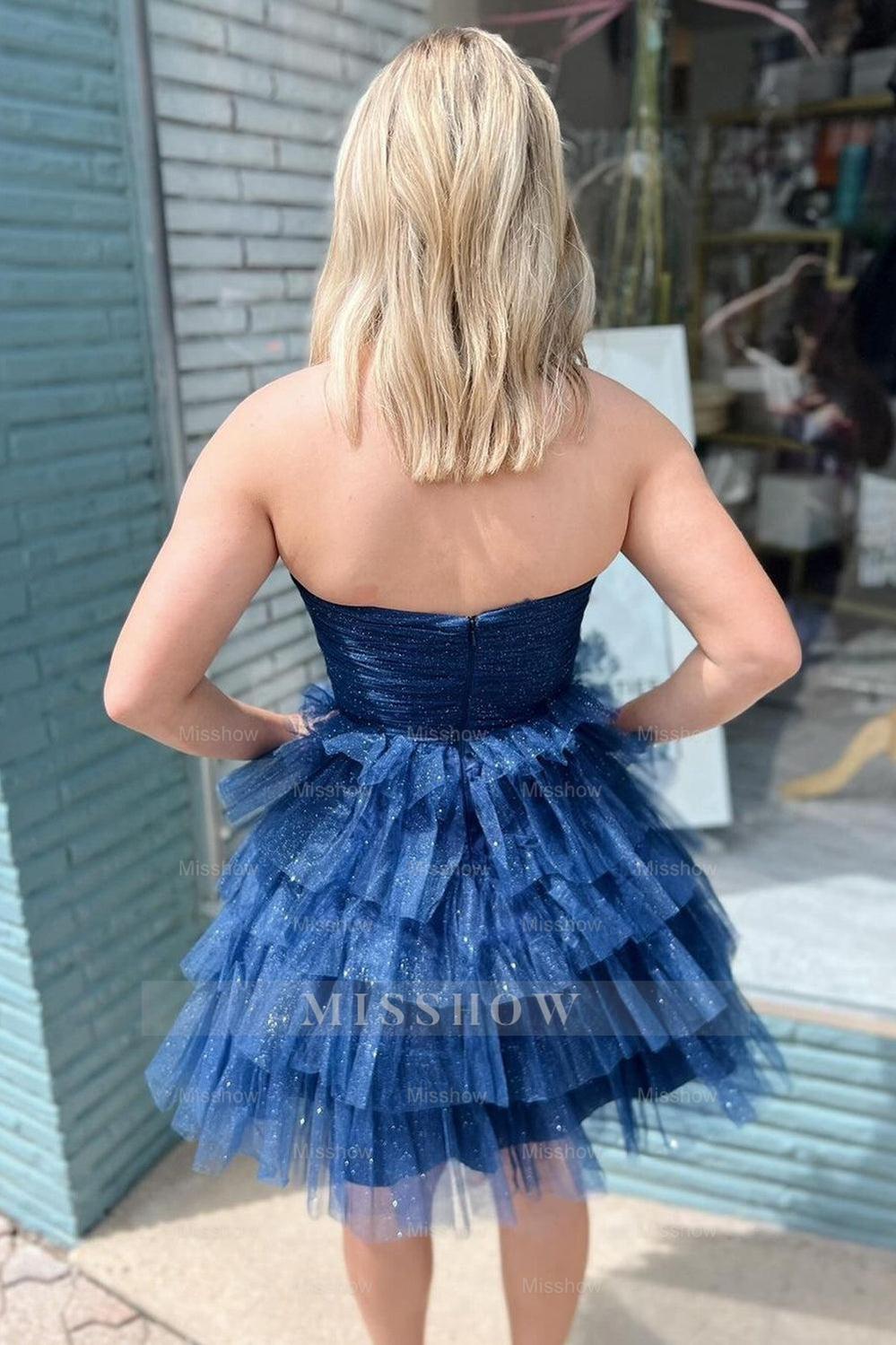 Misshow Sparkly A-Line Navy Strapless Tiered Short Homecoming Dress/Mini Dress