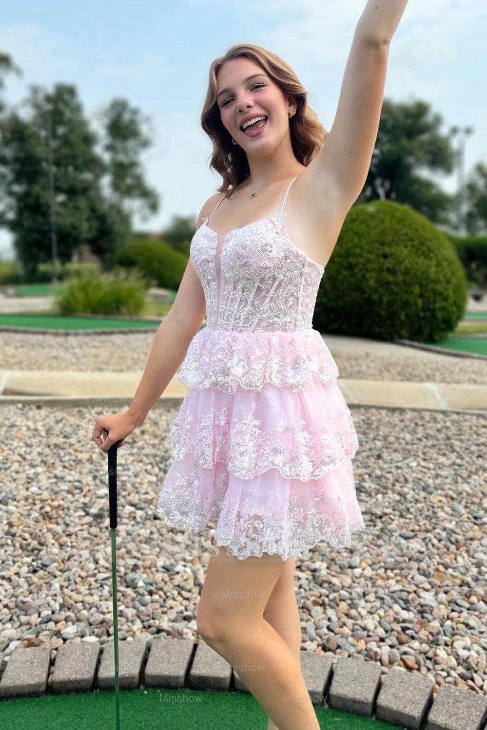 Misshow Sparkly A Line Pink Corset Short Homecoming Dress/Mini Dress with Lace-Up Back