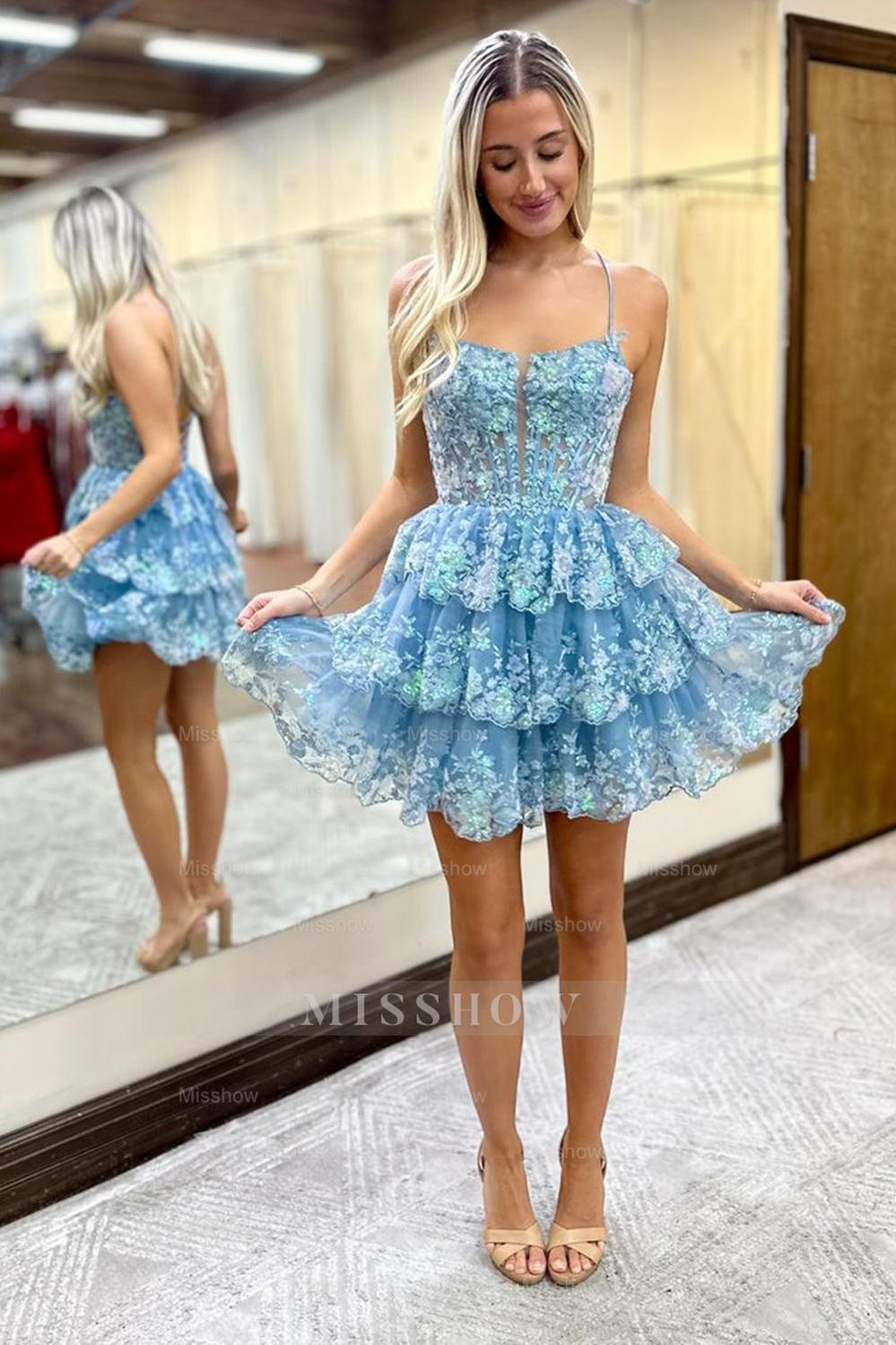 Misshow Sparkly A Line Pink Corset Short Homecoming Dress/Mini Dress with Lace-Up Back