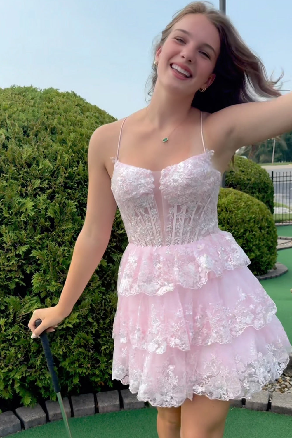 Misshow Sparkly A Line Pink Corset Short Homecoming Dress/Mini Dress with Lace-Up Back