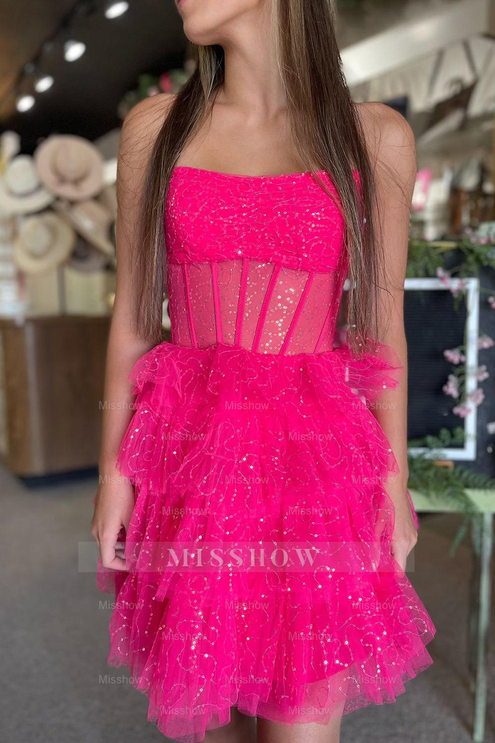 Misshow Sparkly A-Line Pink Corset Tiered Tulle Short Homecoming Dress/Mini Dress
