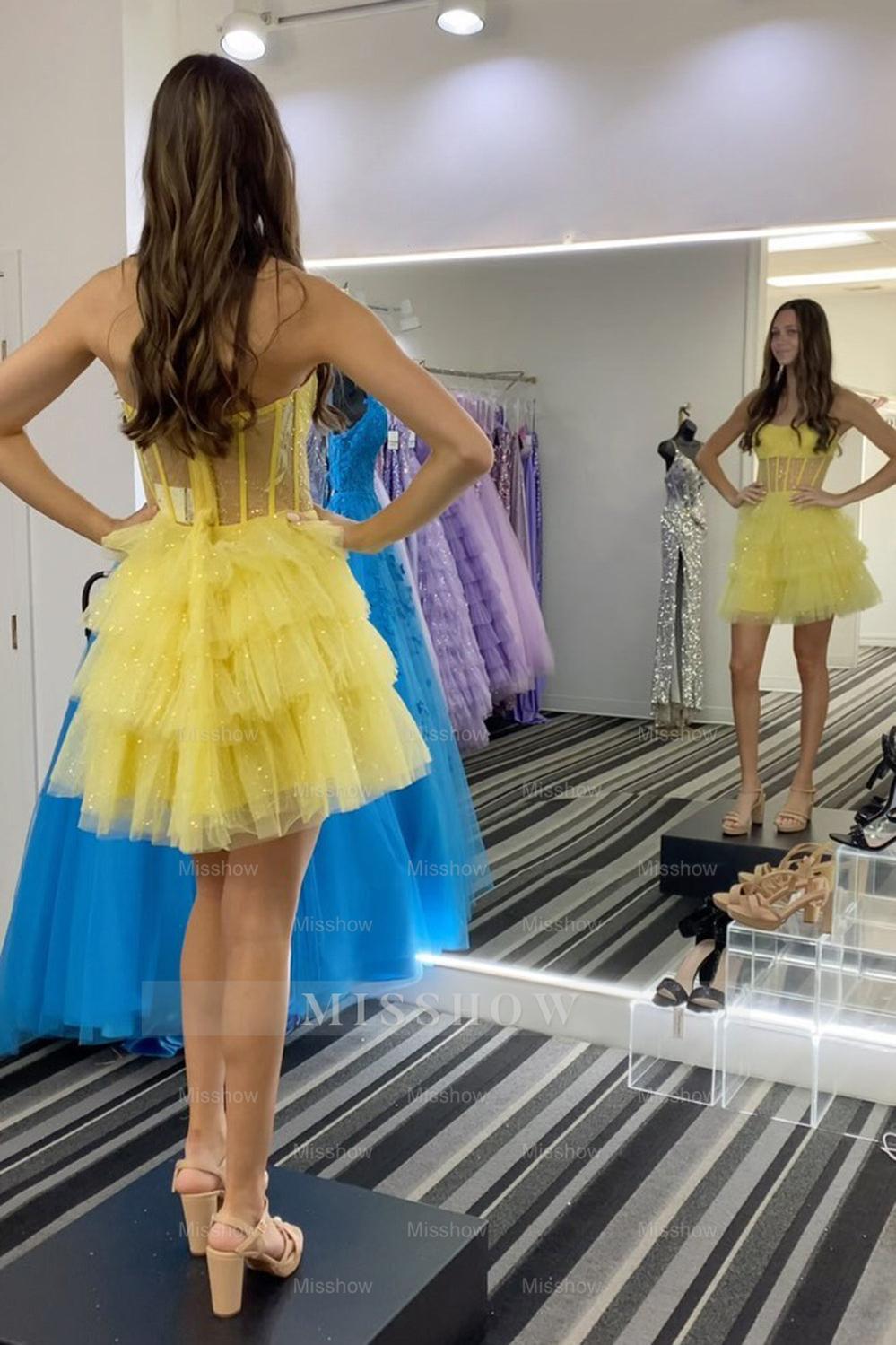 Misshow Sparkly A-Line Pink Corset Tiered Tulle Short Homecoming Dress/Mini Dress