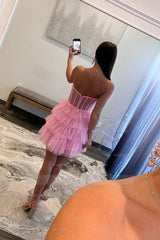 Misshow Sparkly A-Line Pink Corset Tiered Tulle Short Homecoming Dress/Mini Dress
