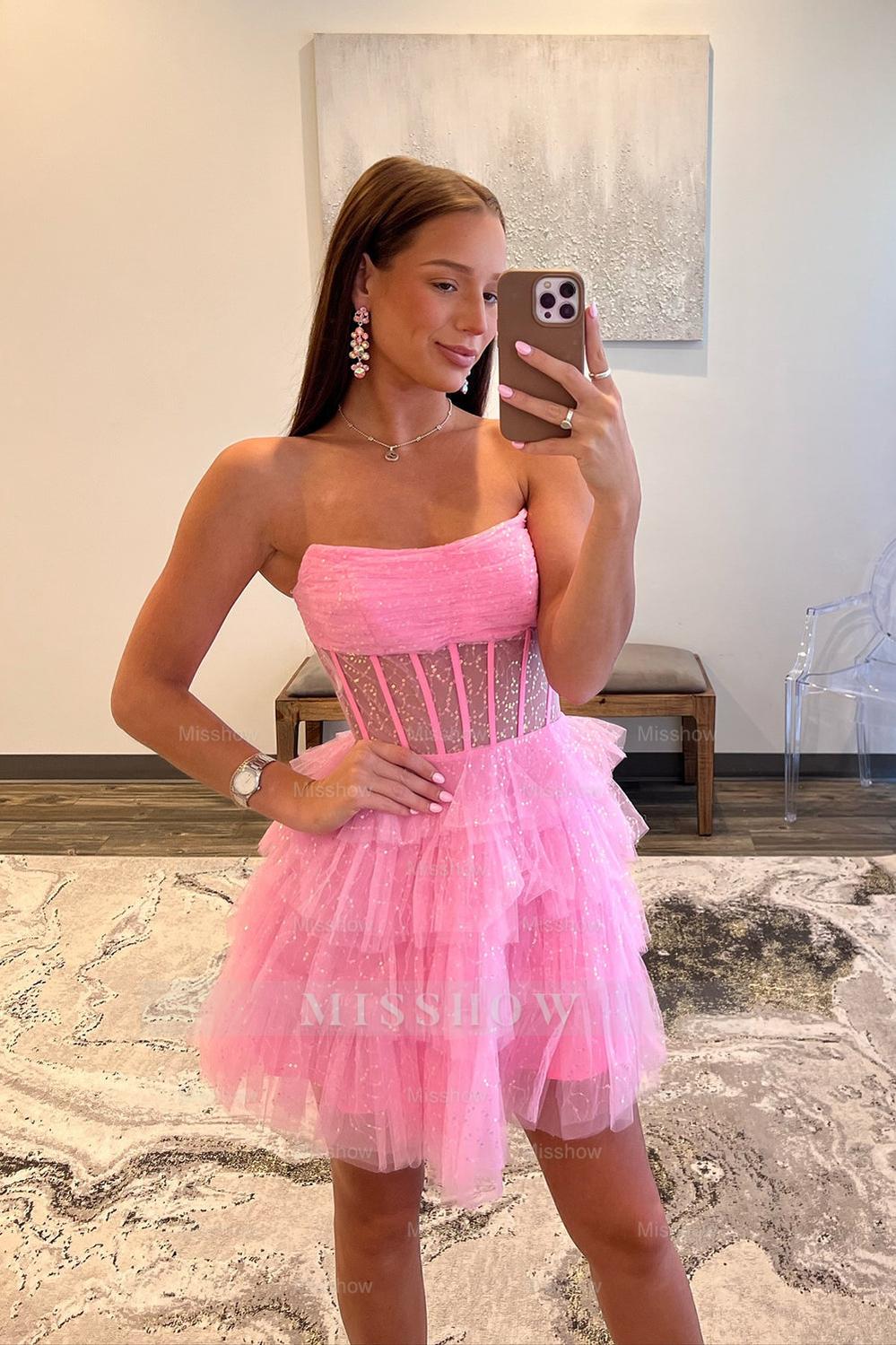 Misshow Sparkly A-Line Pink Corset Tiered Tulle Short Homecoming Dress/Mini Dress