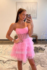 Misshow Sparkly A-Line Pink Corset Tiered Tulle Short Homecoming Dress/Mini Dress