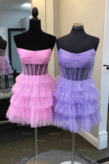 Misshow Sparkly A-Line Pink Corset Tiered Tulle Short Homecoming Dress/Mini Dress