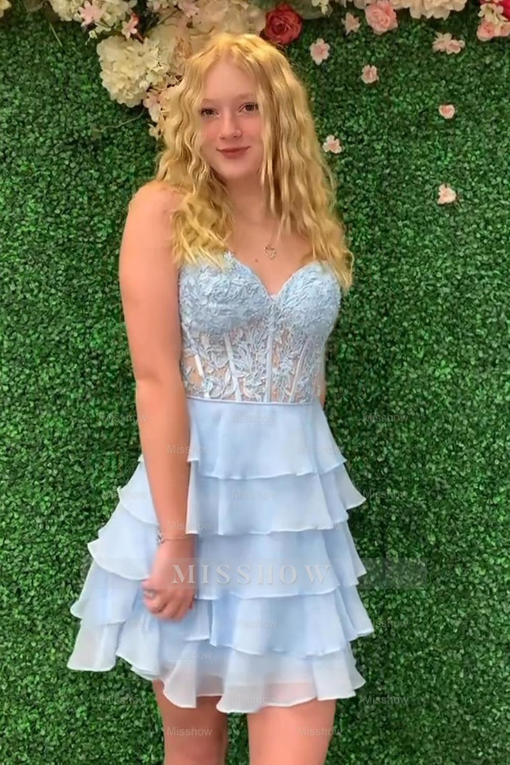 Misshow Sparkly A Line Pink Strapless Corset Short Homecoming Dress/Mini Dress with Ruffles