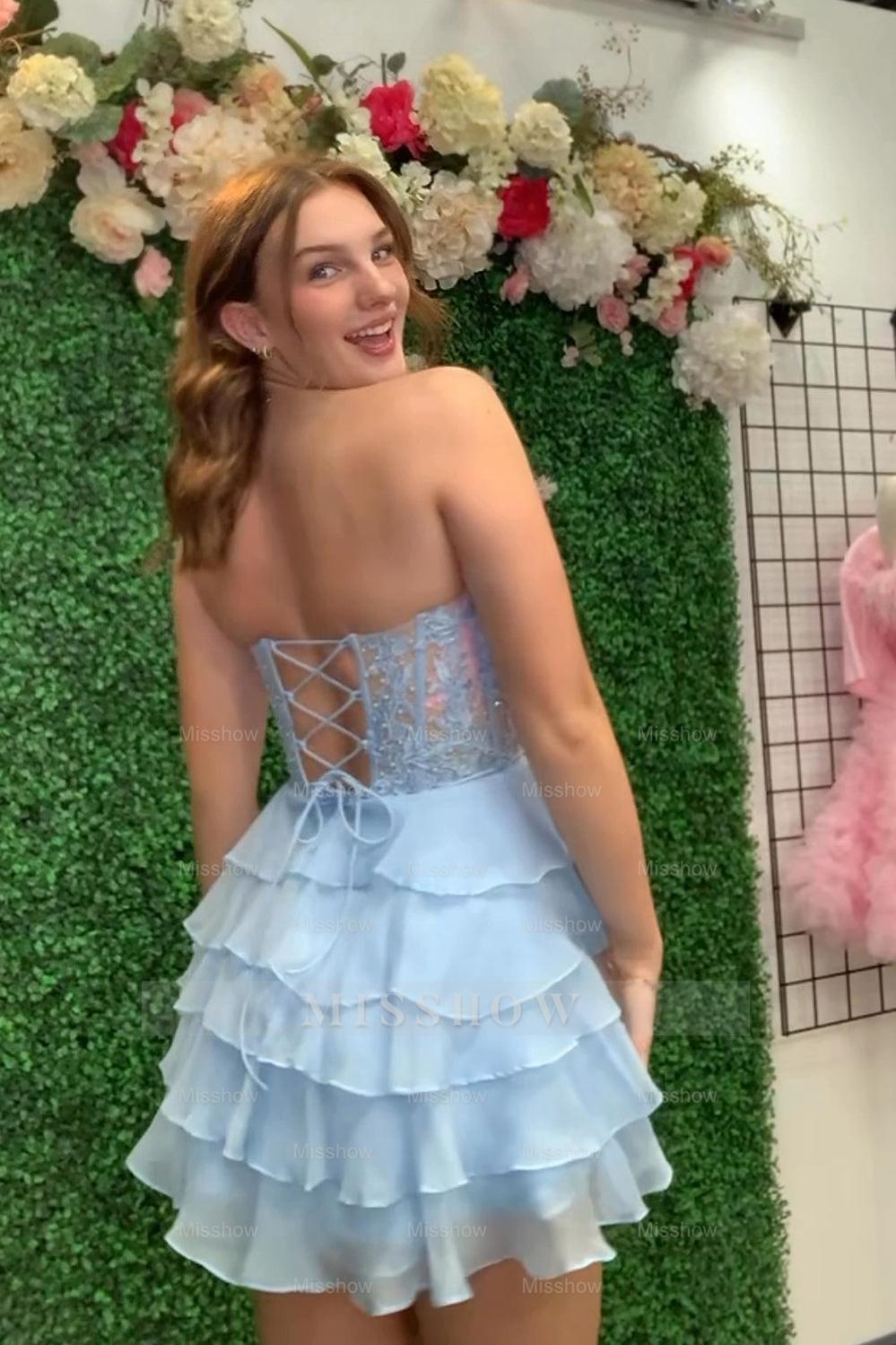 Misshow Sparkly A Line Pink Strapless Corset Short Homecoming Dress/Mini Dress with Ruffles