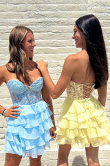 Misshow Sparkly A Line Pink Strapless Corset Short Homecoming Dress/Mini Dress with Ruffles
