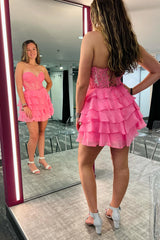 Misshow Sparkly A Line Pink Strapless Corset Short Homecoming Dress/Mini Dress with Ruffles