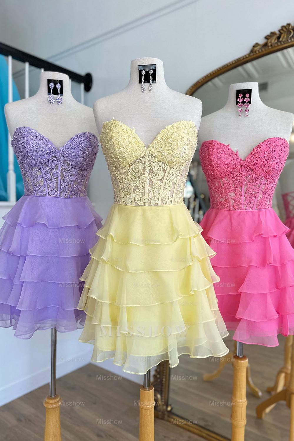 Misshow Sparkly A Line Pink Strapless Corset Short Homecoming Dress/Mini Dress with Ruffles