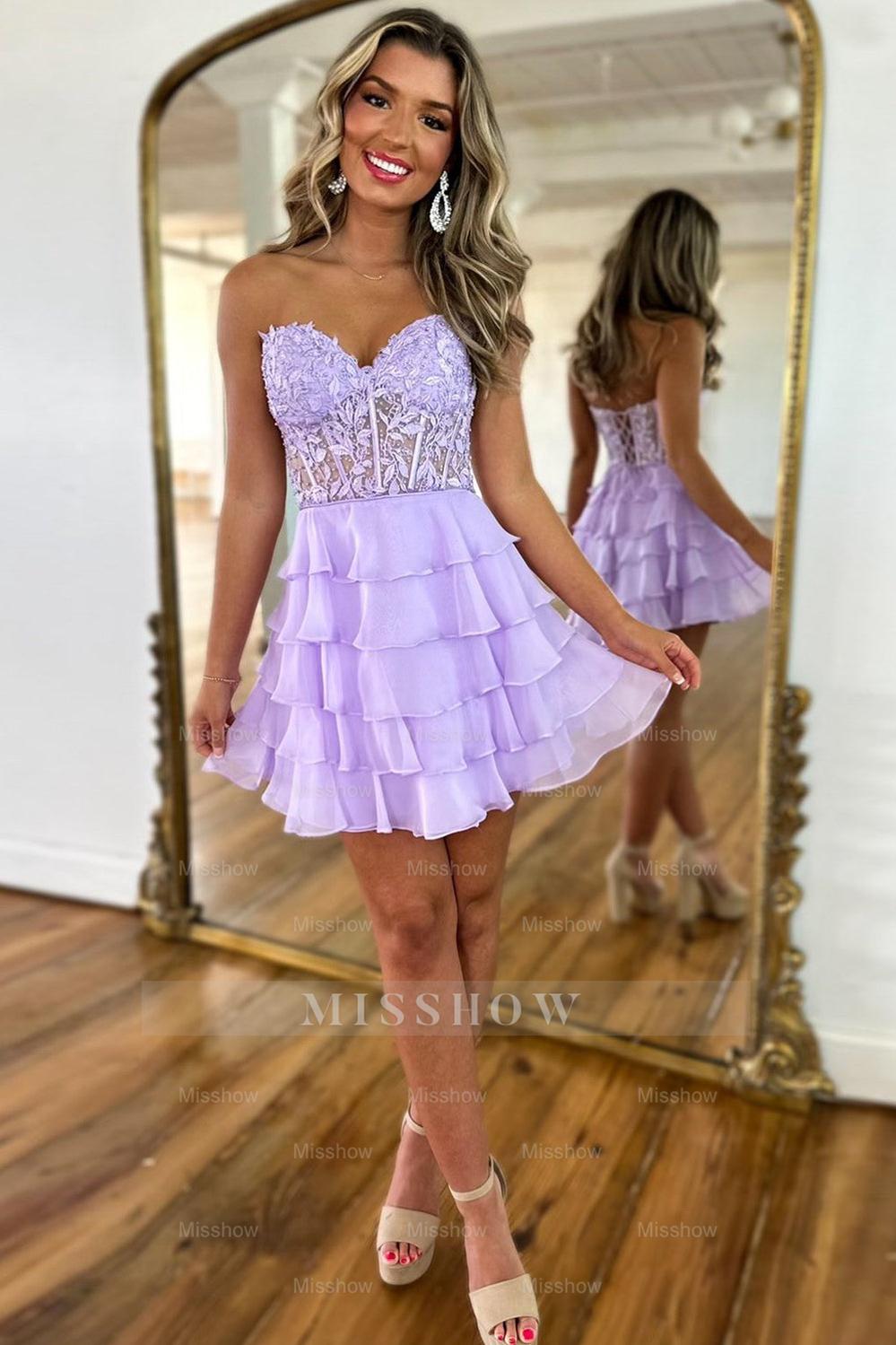 Misshow Sparkly A Line Pink Strapless Corset Short Homecoming Dress/Mini Dress with Ruffles