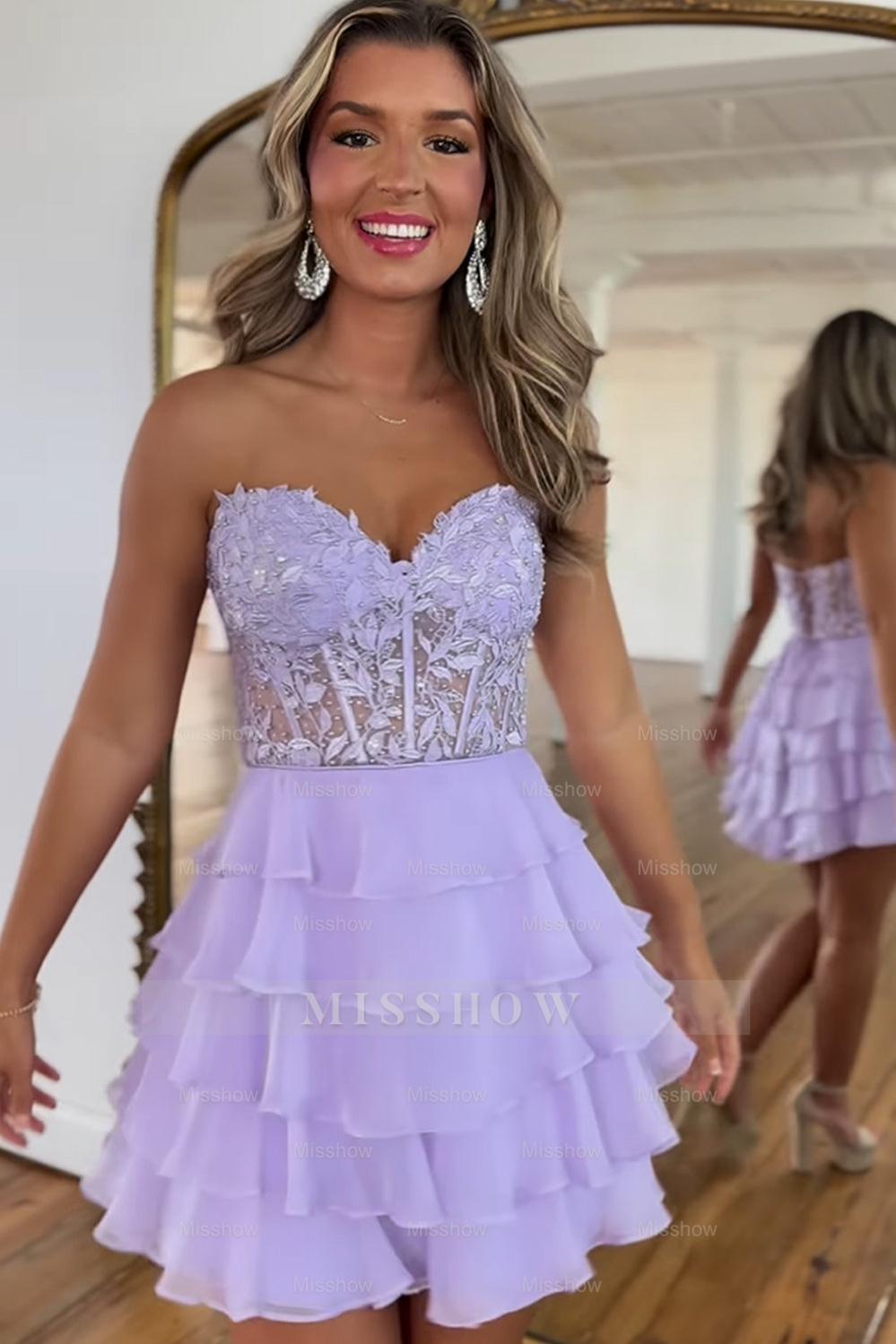Misshow Sparkly A Line Pink Strapless Corset Short Homecoming Dress/Mini Dress with Ruffles