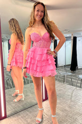 Misshow Sparkly A Line Pink Strapless Corset Short Homecoming Dress/Mini Dress with Ruffles