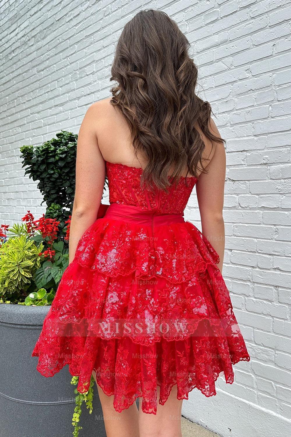 Misshow Sparkly A Line Red Strapless Corset Short Homecoming Dress/Mini Dress with Bow