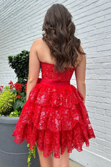 Misshow Sparkly A Line Red Strapless Corset Short Homecoming Dress/Mini Dress with Bow