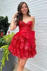 Misshow Sparkly A Line Red Strapless Corset Short Homecoming Dress/Mini Dress with Bow