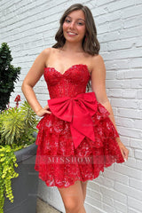 Misshow Sparkly A Line Red Strapless Corset Short Homecoming Dress/Mini Dress with Bow