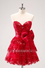 Misshow Sparkly A Line Red Strapless Corset Short Homecoming Dress/Mini Dress with Bow