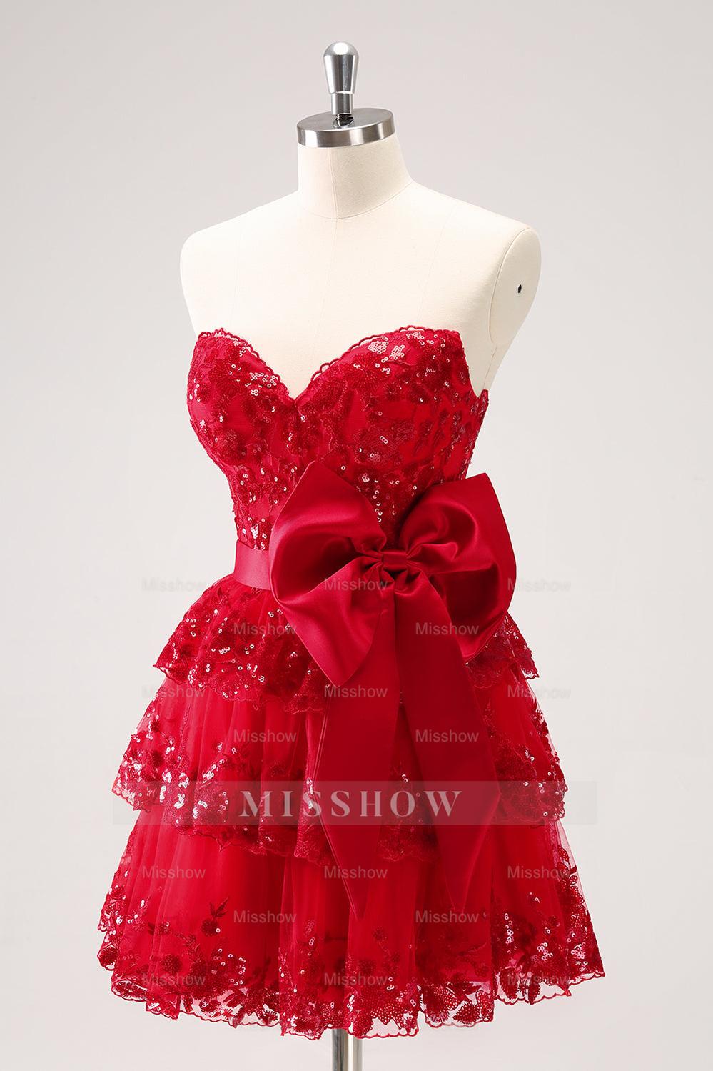 Misshow Sparkly A Line Red Strapless Corset Short Homecoming Dress/Mini Dress with Bow