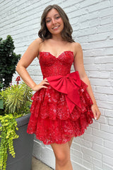 Misshow Sparkly A Line Red Strapless Corset Short Homecoming Dress/Mini Dress with Bow