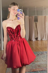 Misshow Sparkly A-Line Red Strapless Mirror Pleated Short Homecoming Dress/Mini Dress