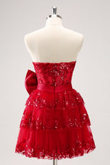 Misshow Sparkly A Line Red Strapless Short Homecoming Dress/Mini Dress with Bow