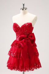 Misshow Sparkly A Line Red Strapless Short Homecoming Dress/Mini Dress with Bow