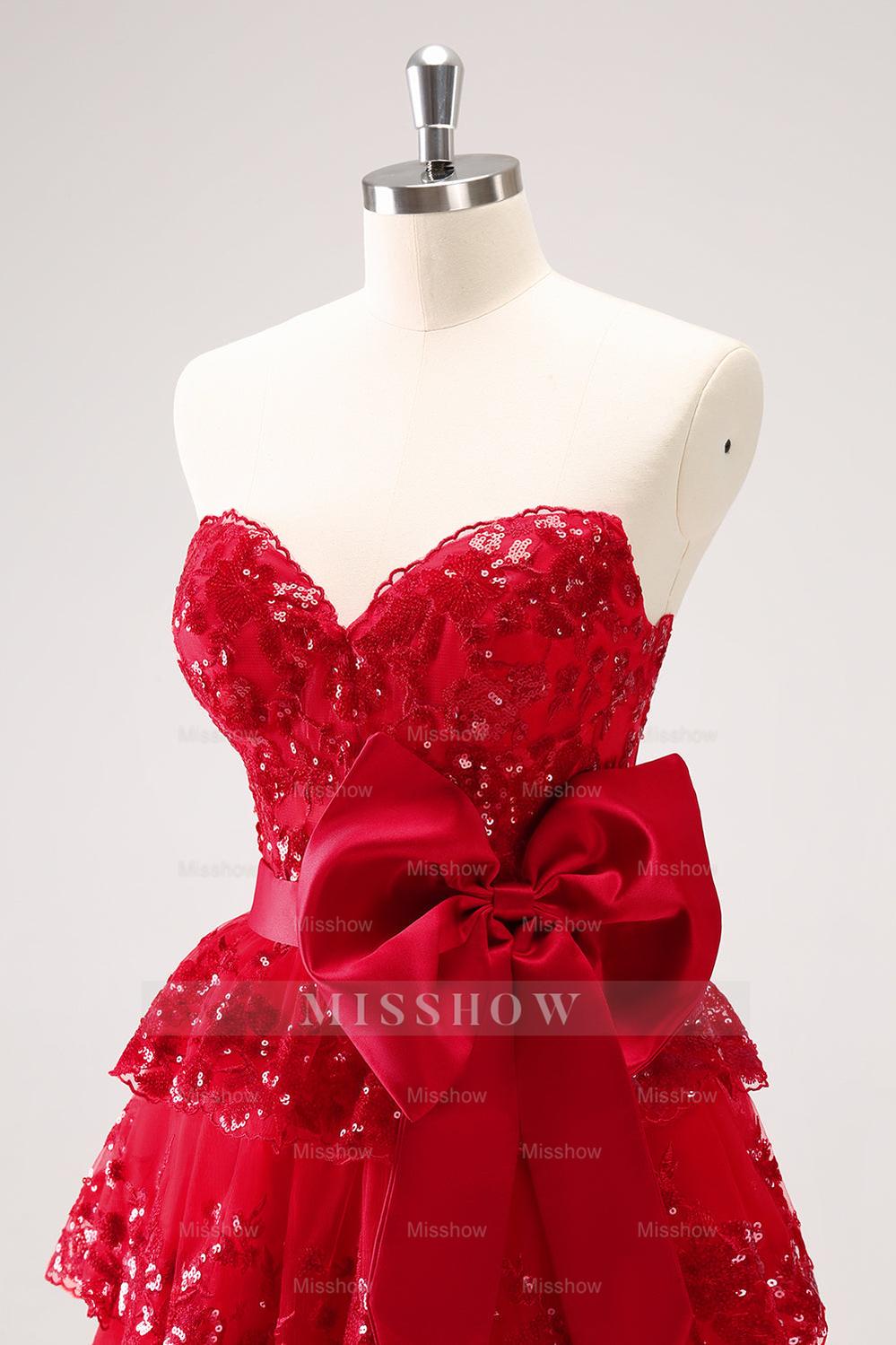 Misshow Sparkly A Line Red Strapless Short Homecoming Dress/Mini Dress with Bow