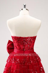 Misshow Sparkly A Line Red Strapless Short Homecoming Dress/Mini Dress with Bow