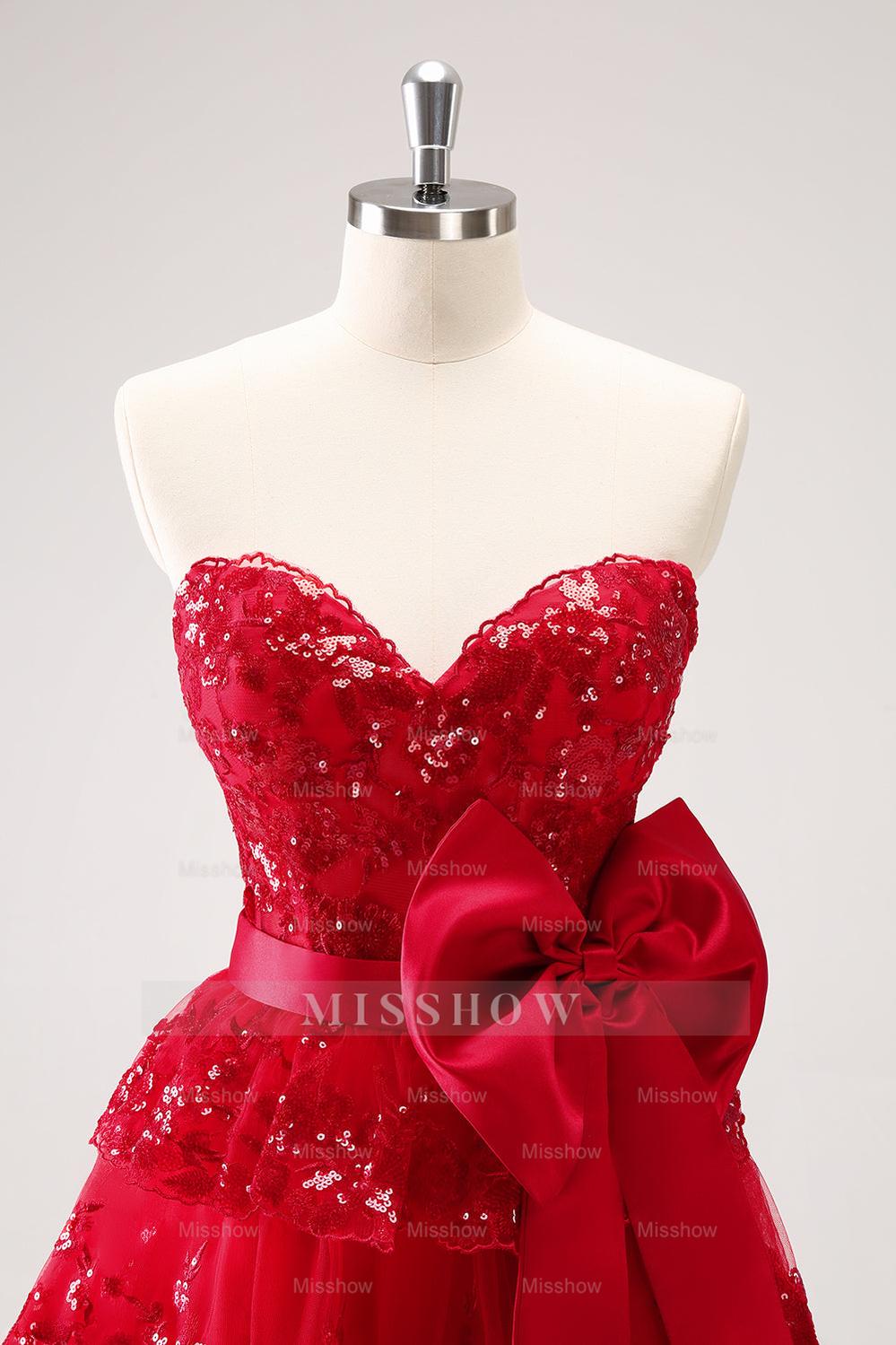 Misshow Sparkly A Line Red Strapless Short Homecoming Dress/Mini Dress with Bow